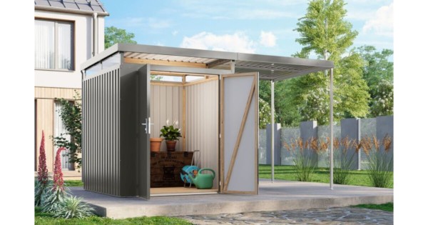 Karibu Metallhaus Aurum 2 mit Anbaudach Graualuminium 414 x 209 cm