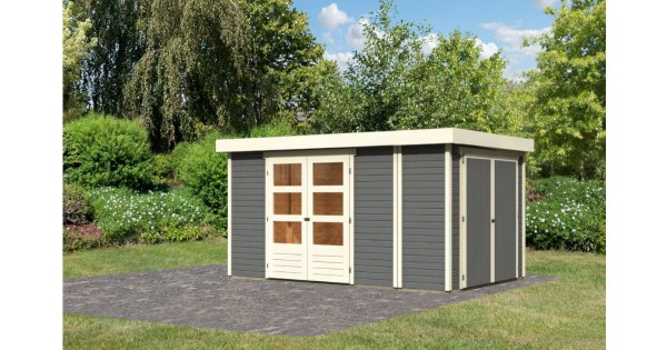 Karibu 19mm Gartenhaus Retola 5 terragrau mit Anbauschrank