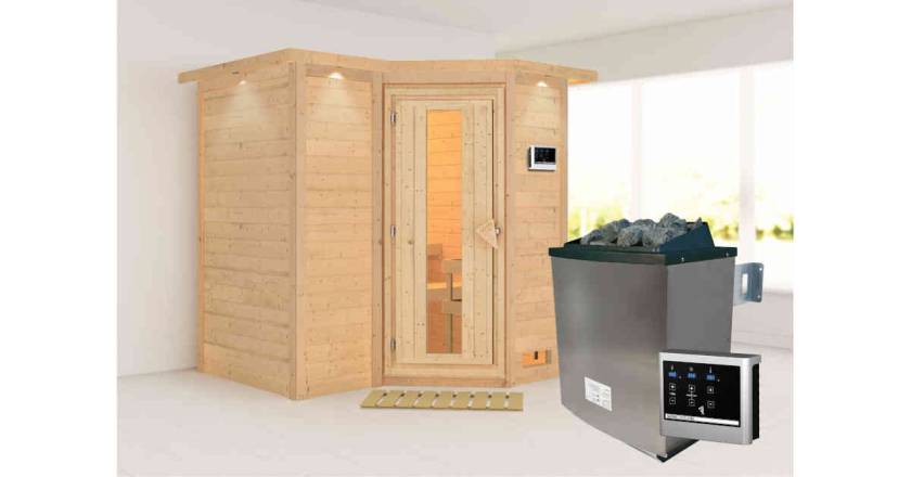 Karibu Sauna Sahib 1 mit Dachkranz + 9kW Saunaofen mit ext. Steuerung Easy