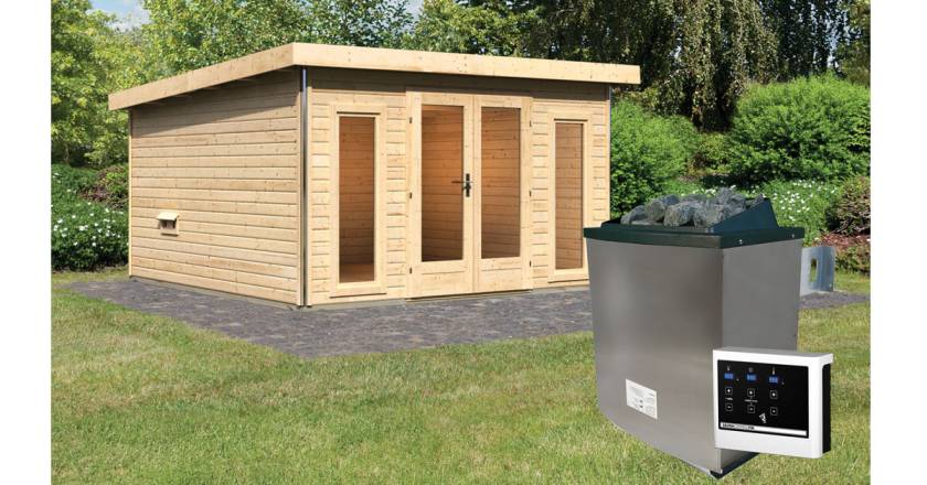 Karibu Sauna Mainburg 3 naturbelassen mit Vorraum + 9 kW Saunaofen mit ext. Steuerung Easy