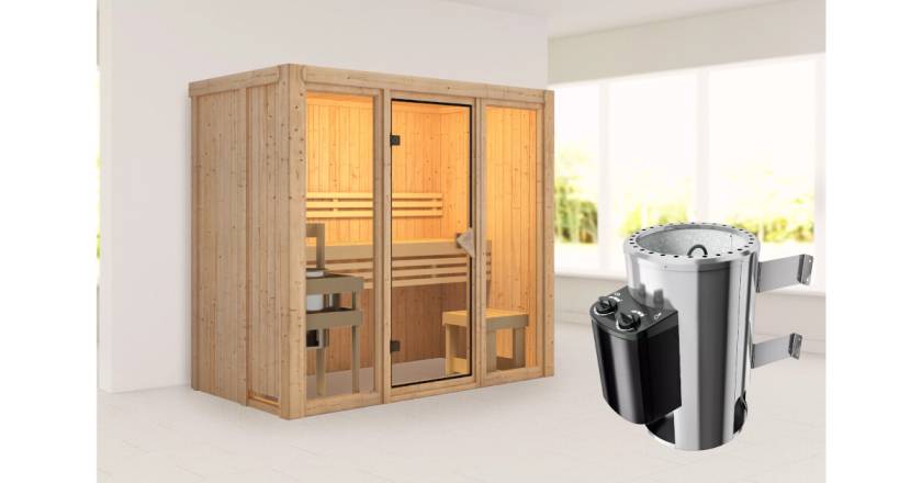 Karibu Sauna Avari 2 mit 3,6kW Plug&Play Ofen integrierte Steuerung