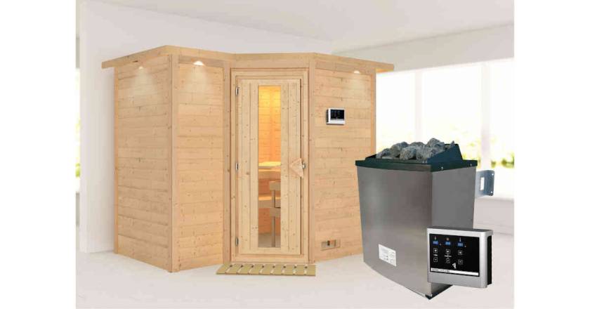 Karibu Sauna Sahib 2 mit Dachkranz + 9kW Saunaofen mit ext. Steuerung Easy