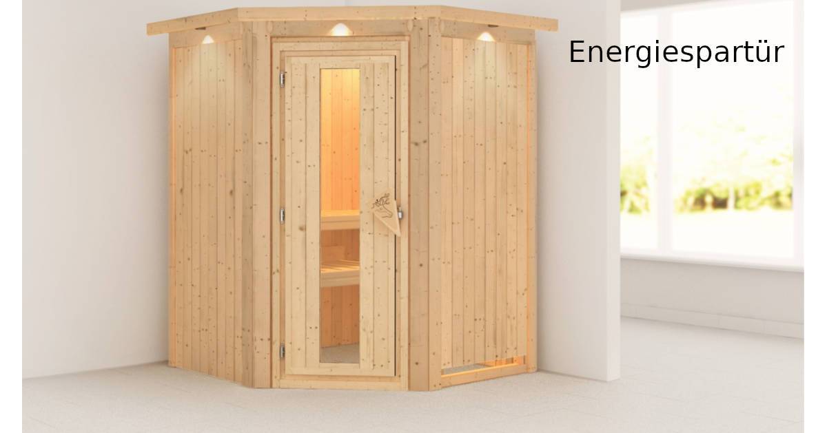 Karibu Sauna Larin mit Dachkranz ohne Ofen Klarglas Ganzglastür