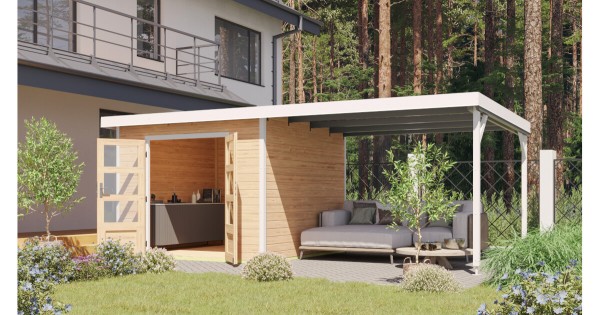 Karibu Hybrid Gartenhaus Pluto 6 A 28 mm Blockbohlenhaus 271x271 cm mit Anbau 3 m unbehandelt