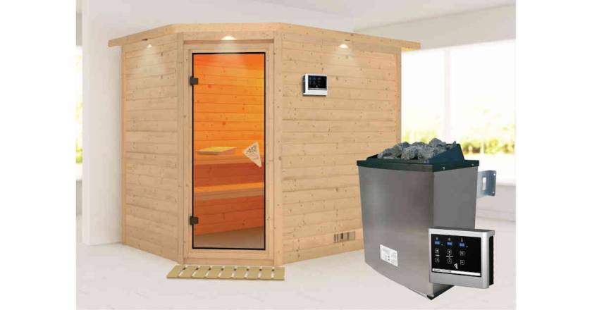 Karibu Sauna Tanami mit Dachkranz + 9kW Saunaofen mit ext. Steuerung Easy