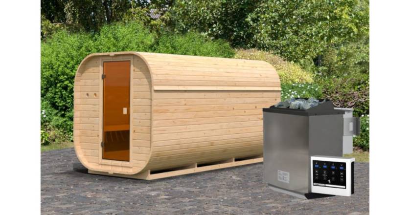 Karibu Fasssauna Quadro 3 mit 9 kW Bio-Ofen mit externer Steuerung