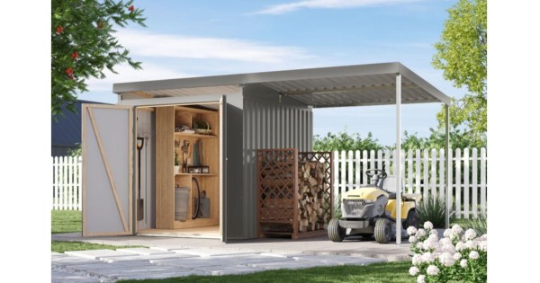 Karibu Metallhaus Iridium 2 Graualuminium mit Anbaudach 414 x 209 cm