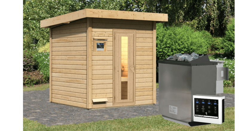 Karibu Sauna Hytti 2 naturbelassen mit 9 kW Bio-Ofen mit externer Steuerung