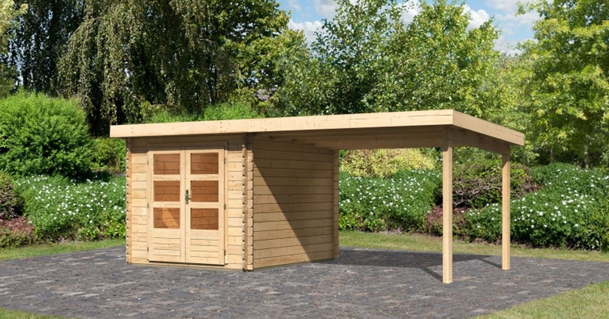 Karibu Gartenhaus Bastrup 4 mit Anbau 3m 28mm Blockbohlenhaus 520x297cm unbehandelt mit Rückwand
