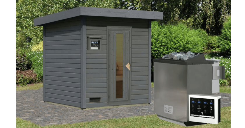 Karibu Sauna Hytti 2 terragrau mit 9 kW Bio-Ofen mit externer Steuerung