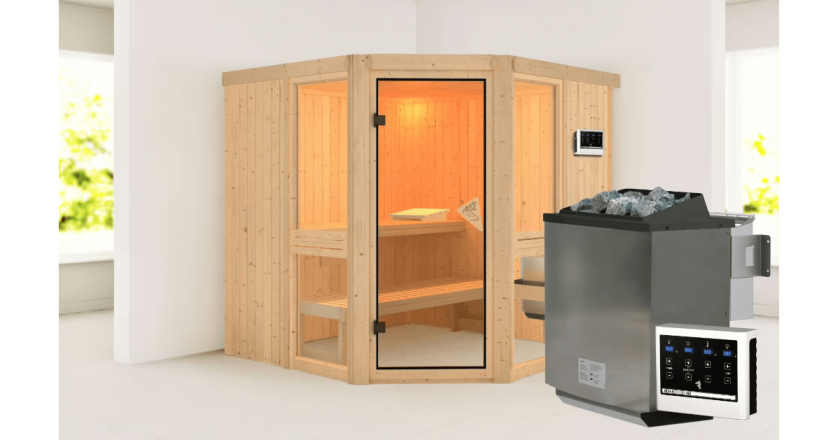 Karibu Sauna Amelia 2 ohne Dachkranz + 9 kW BIO-Kombiofen mit ext. Steuerung