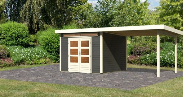Karibu Gartenhaus 28mm Kandern 6 mit Anbau 3,20m Terragrau