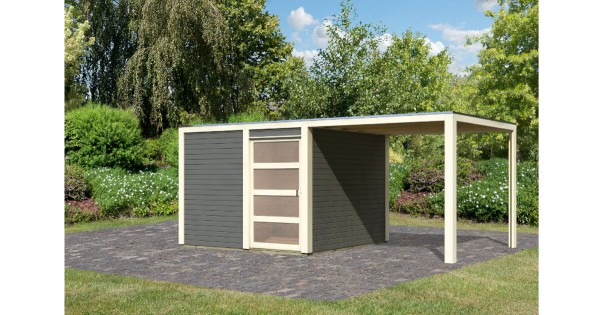 Karibu Gartenhaus 19 mm Qubic 2 mit Anbau terragrau 545 x 276 cm