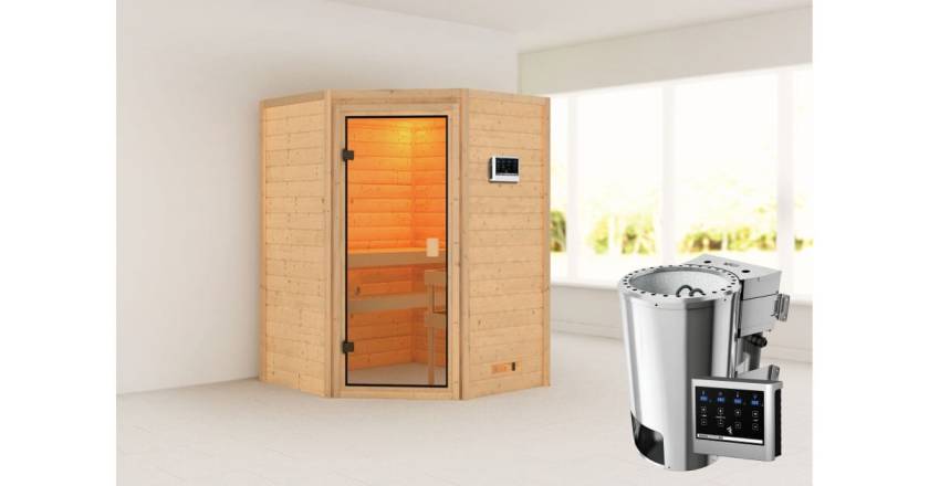 Karibu Ecksauna Antonia + 3,6kW Plug&Play BIO Kombi-Ofen externe Steuerung