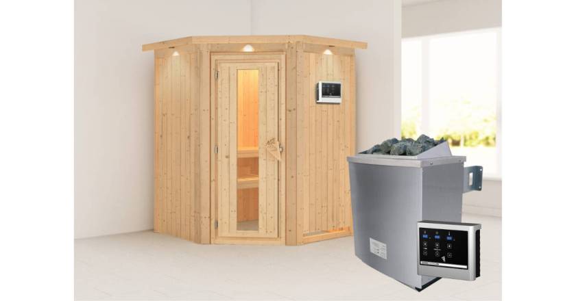 Karibu Sauna Larin mit Dachkranz + 9kW Saunaofen mit ext. Steuerung Easy