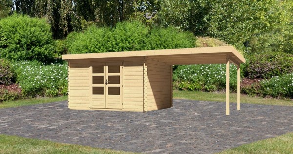 Karibu Gartenhaus Bastrup 7 mit Anbau 3m 28mm Blockbohlenhaus 640x297cm unbehandelt