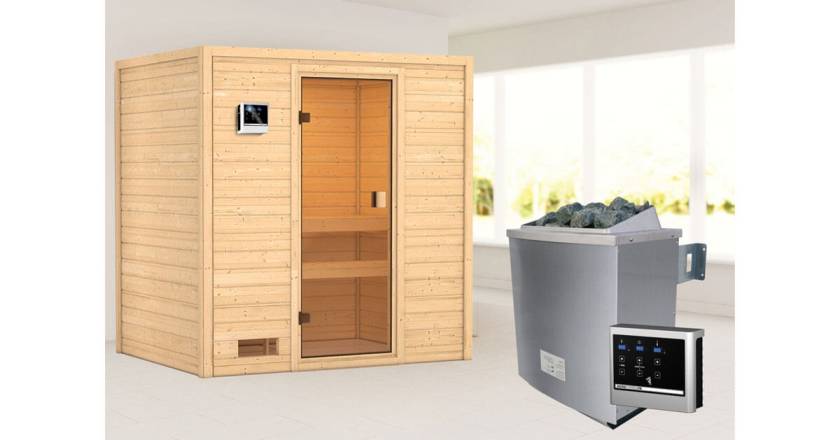 Karibu Sauna Selena + 9kW Saunaofen mit ext. Steuerung Easy