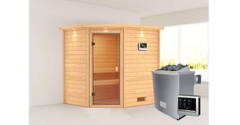 Karibu Elea Ecksauna mit Dachkranz + 9kW Saunaofen mit externer Steuerung Easy