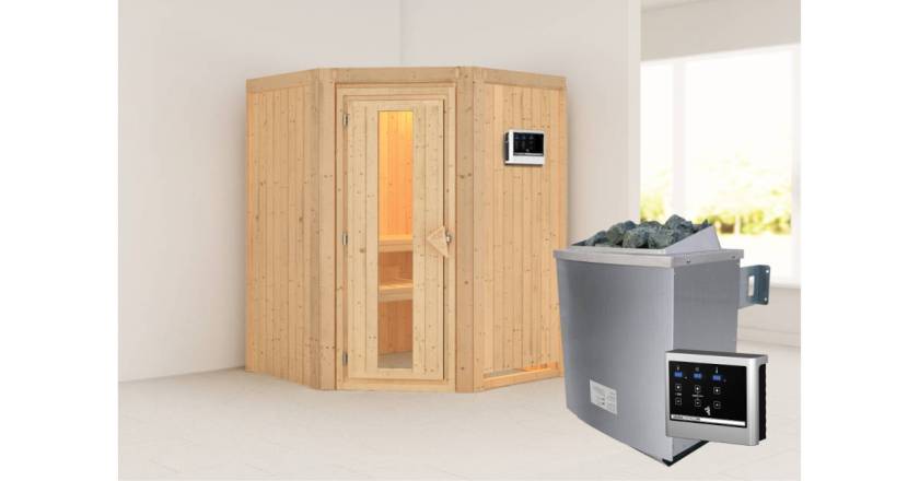 Karibu Sauna Larin + 9kW Saunaofen mit ext. Steuerung Easy