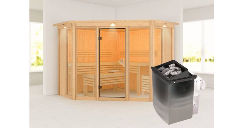 Karibu Sauna Alcinda mit Dachkranz + 9kW Saunaofen mit integrierter Steuerung