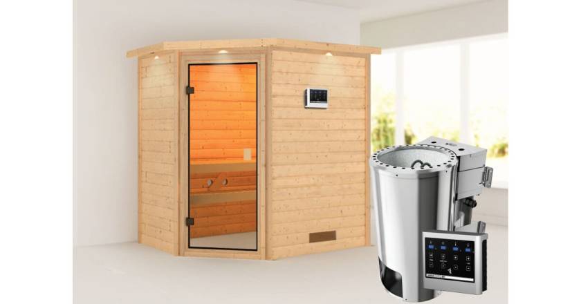 Karibu Ecksauna Jella mit Dachkranz + 3,6kW Plug&Play BIO Kombi-Ofen externe Steuerung