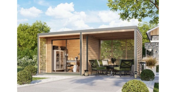 Karibu Gartenhaus Saturn A Naturbelassen / Graualuminium mit Anbaudach 537,5 x 276 cm