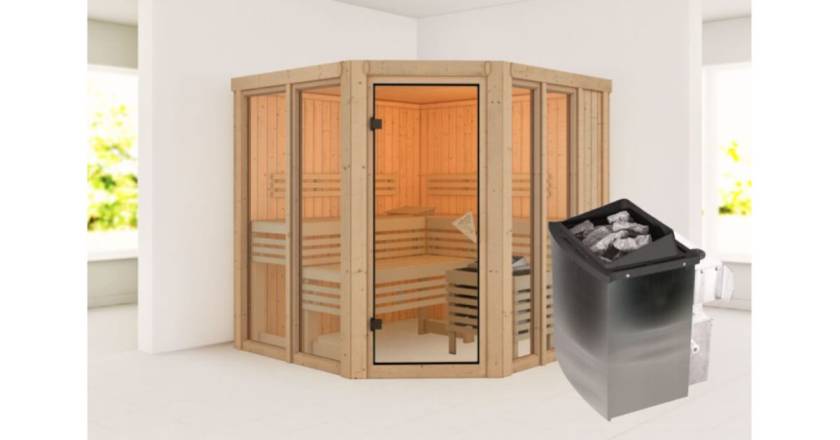Karibu Sauna Airi ohne Dachkranz + 9 kW Ofen mit integrierter Steuerung