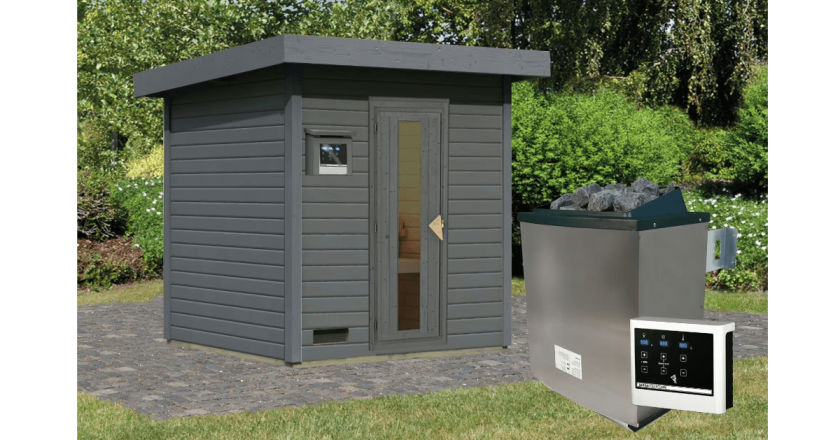 Karibu Sauna Hytti 2 terragrau mit 9 kW Ofen mit externer Steuerung