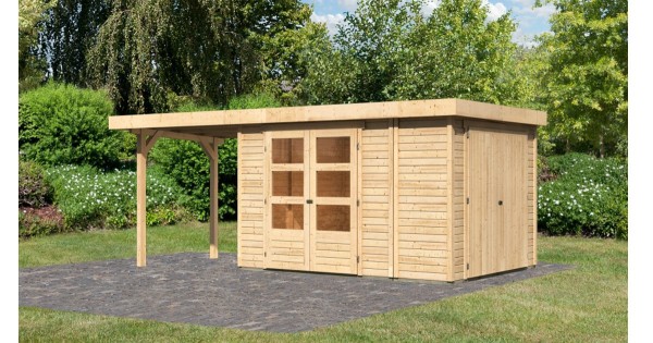 Karibu 19mm Gartenhaus Retola 4 unbehandelt mit Anbauschrank + 2,40m Anbau