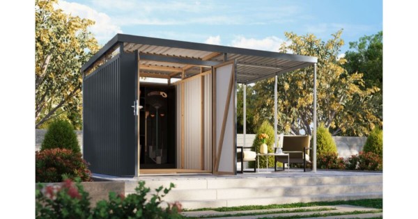 Karibu Metallhaus Aurum 2,5 mit Anbaudach Anthrazit 414 x 292 cm