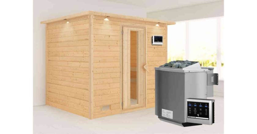 Karibu Sauna Sonara mit Dachkranz + 9kW BIO-Kombiofen mit ext. Steuerung Easy