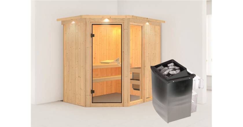 Karibu Sauna Fiona 1 mit Dachkranz + 9kW Saunaofen mit integrierter Steuerung