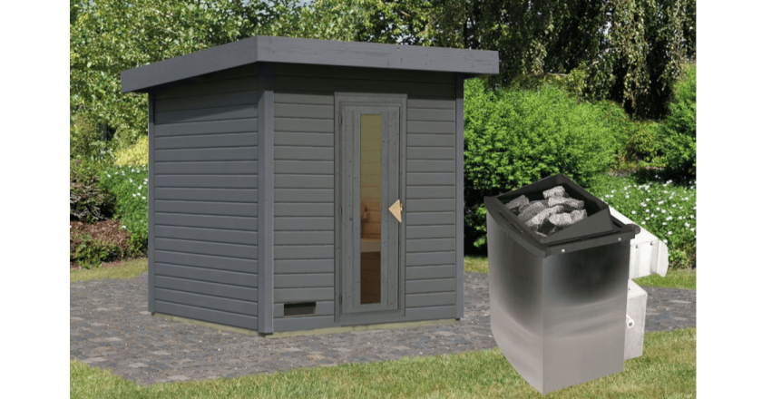 Karibu Sauna Hytti 2 terragrau mit 9 kW Ofen mit integrierter Steuerung