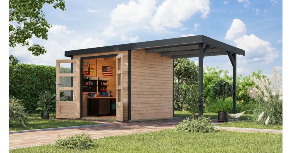 Karibu Hybrid Gartenhaus Jupiter 3 A 19 mm 234x209 cm mit Anbau unbehandelt