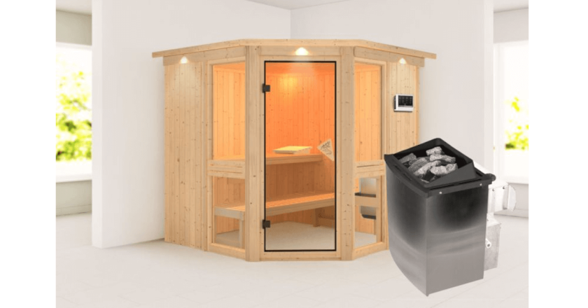 Karibu Sauna Amelia 2 mit Dachkranz + 9 kW Ofen mit integrierter Steuerung