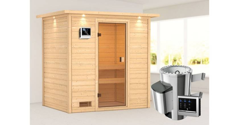 Karibu Sauna Selena mit Dachkranz + 3,6kW Plug&Play Ofen externe Steuerung