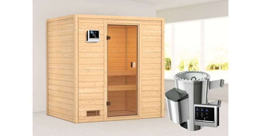 Karibu Sauna Selena + 3,6kW Plug&Play Ofen externe Steuerung