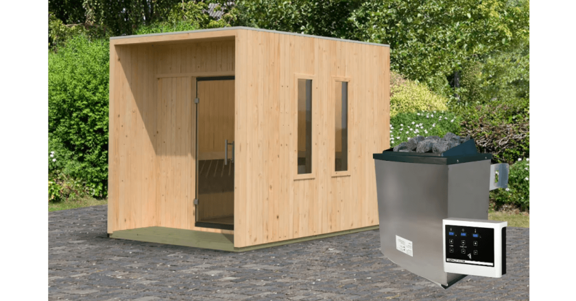 Karibu Saunahaus Laguna mit 9kW Ofen in zwei Farben erhältlich