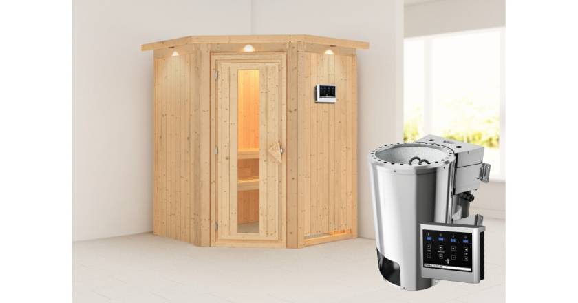 Karibu Sauna Nanja mit Dachkranz + 3,6kW BIO-Kombiofen mit ext. Steuerung Easy