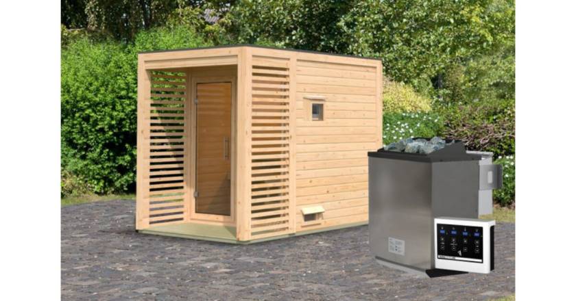 Karibu Sauna Angkor 1 naturbelassen mit 9 kW Bio-Ofen mit externer Steuerung