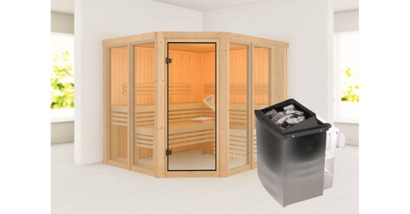 Karibu Sauna Ainur + 9kW Saunaofen mit integrierter Steuerung