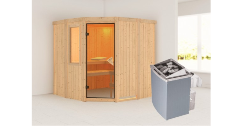 Karibu Sauna Simara 1 mit Fenster + 9kW Saunaofen mit integrierter Steuerung
