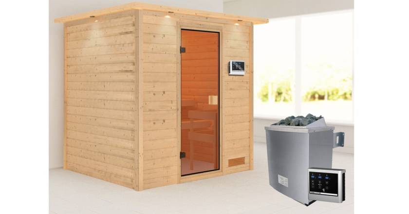 Karibu Sauna Adelina mit Dachkranz + 9kW Saunaofen mit externer Steuerung Easy