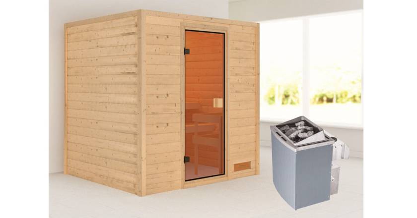 Karibu Woodfeeling Sauna Adelina ohne Dachkranz + 4,5kW Saunaofen mit integrierter Steuerung