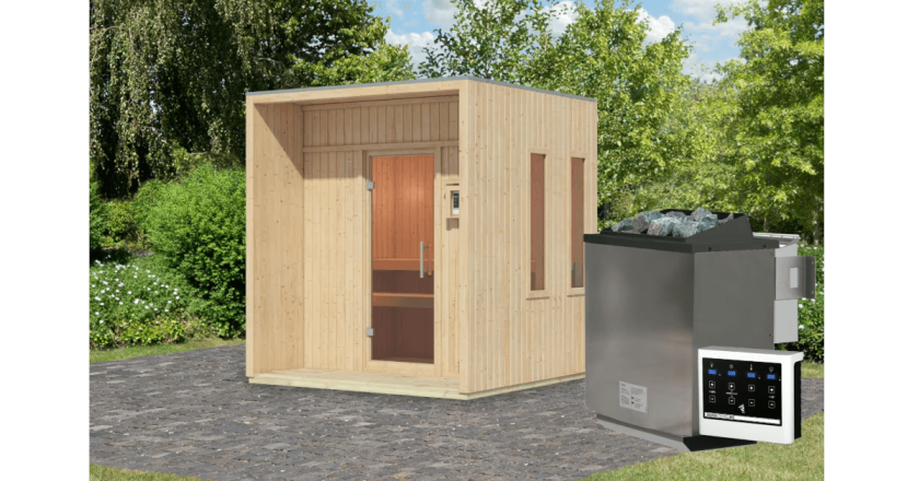 Karibu Sauna Arcadia mit 9 kW Bio-Ofen in zwei Farben erhältlich