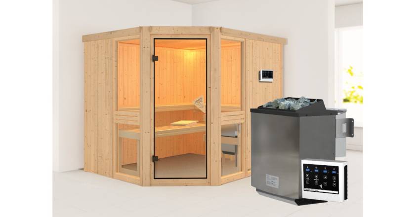 Karibu Sauna Amelia 3 + 9kW BIO-Kombiofen mit ext. Steuerung Easy