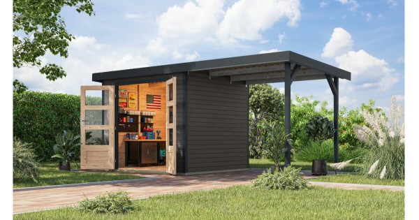 Karibu Hybrid Gartenhaus Jupiter 3 B 19 mm 234x209 cm mit Anbau terragrau