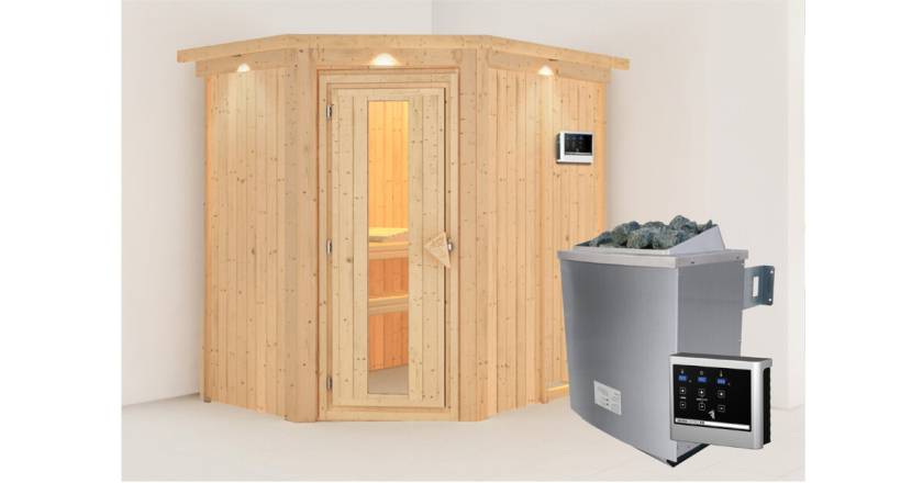 Karibu Sauna Carin mit Dachkranz + 9kW Saunaofen mit ext. Steuerung Easy