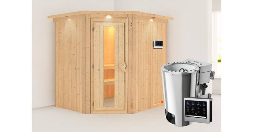 Karibu Sauna Lilja mit Dachkranz + 3,6kW BIO-Kombiofen mit ext. Steuerung Easy