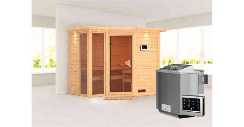 Karibu Sauna Amara mit Dachkranz + 9kW BIO-Kombiofen mit ext. Steuerung Easy